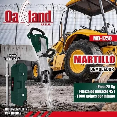 Martillo Demoledor OAKMD-1750 1,750wts 45J 28kg + Maletín con Ruedas Oakland